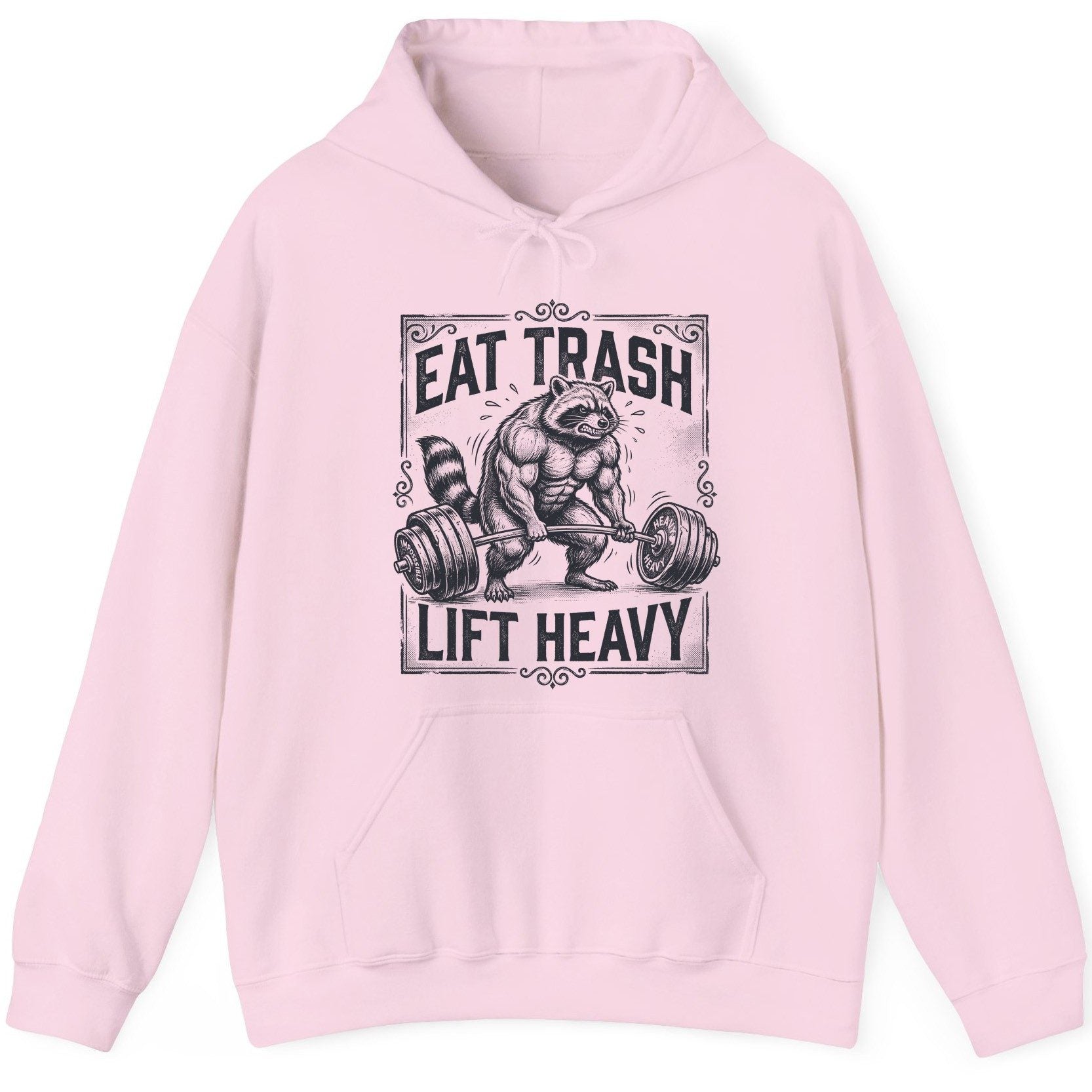 Eat Trash Lift Heavy raccoon Hoodie Light Pink product mockup