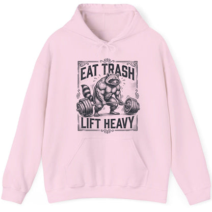 Eat Trash Lift Heavy raccoon Hoodie Light Pink product mockup