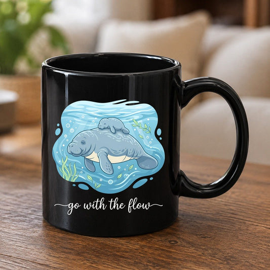 Go with the Flow Manatee Black Mug - product mockup - Black