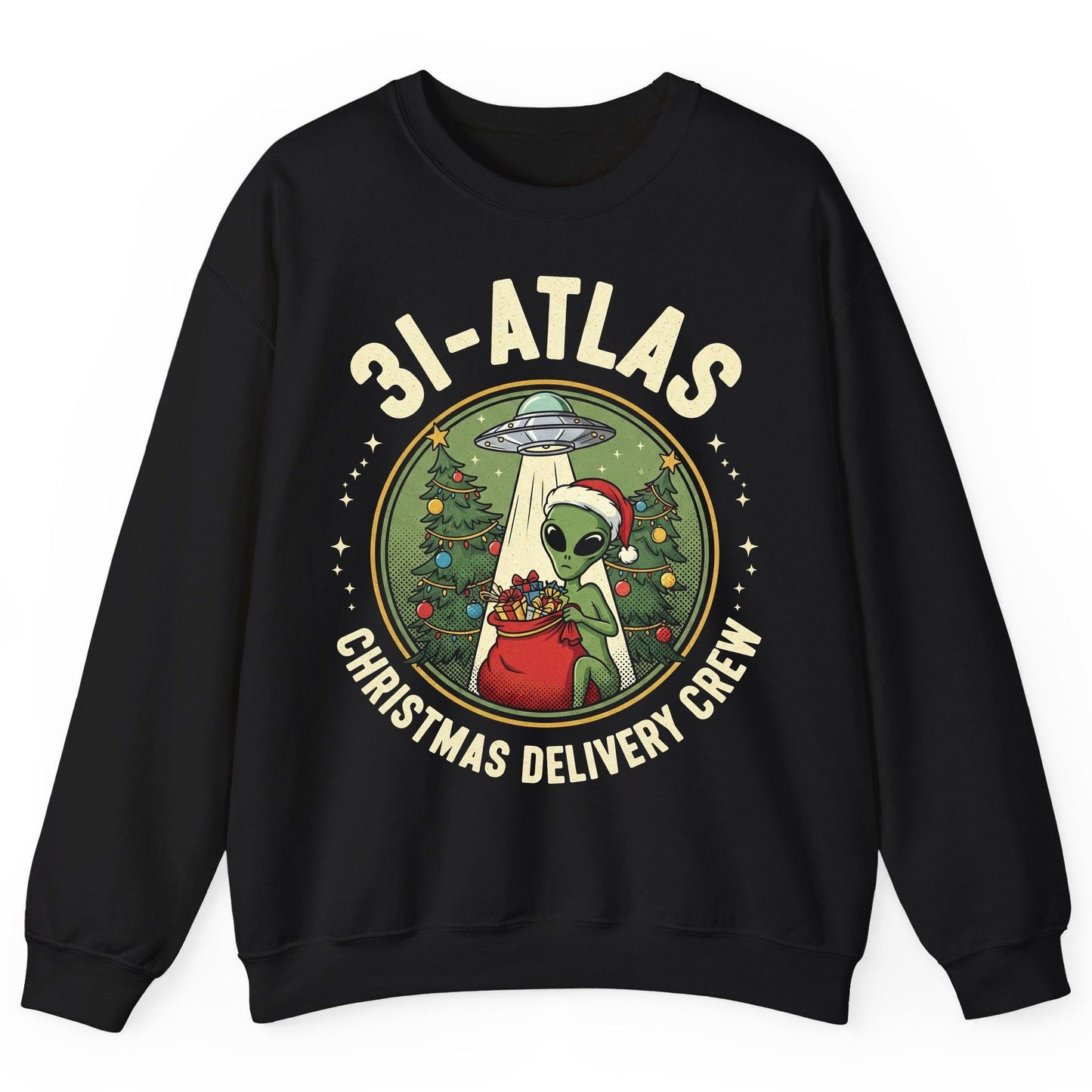 31-Atlas Christmas Delivery Crew alien Christmas Sweatshirt Black product mockup