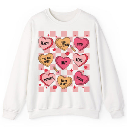 Inspirational Teacher Conversation Hearts teacher appreciation Sweatshirt White product mockup