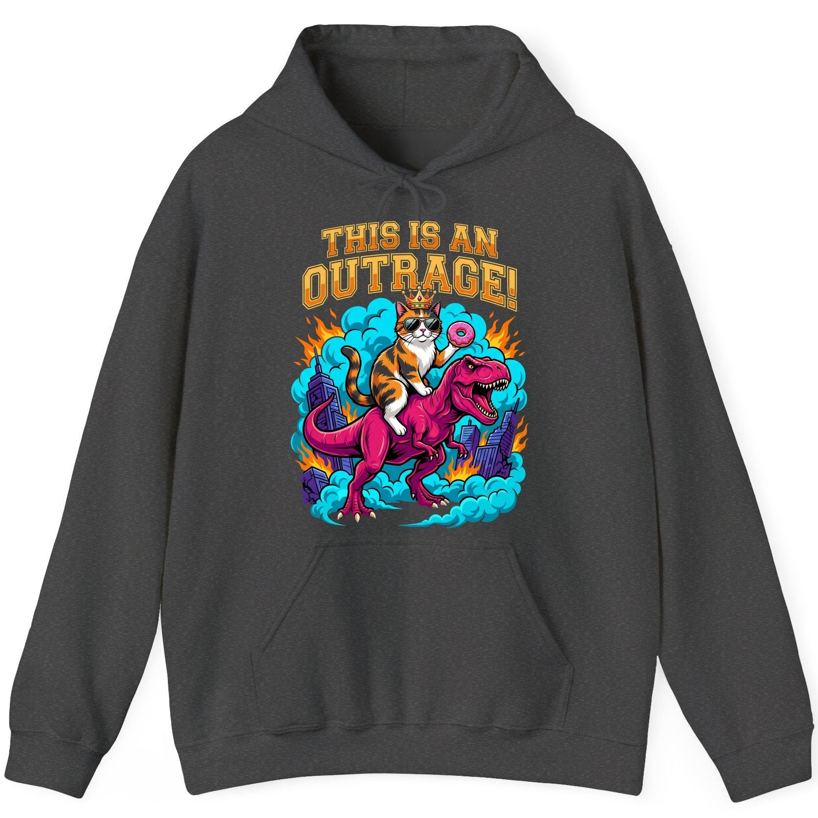 THIS IS AN OUTRAGE! Cat riding a T-Rex Hoodie Dark Heather product mockup