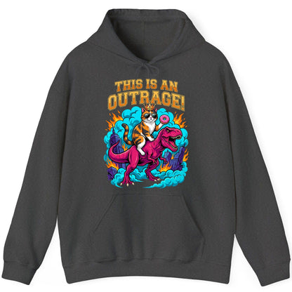THIS IS AN OUTRAGE! Cat riding a T-Rex Hoodie Dark Heather product mockup