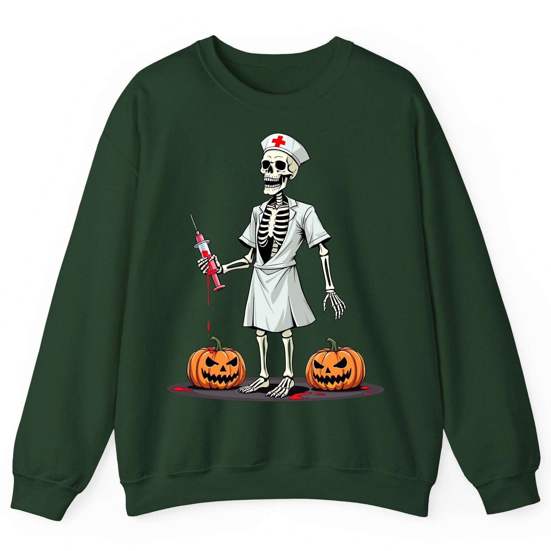 Spooky Skeleton Nurse Halloween skeleton nurse Sweatshirt Forest Green product mockup