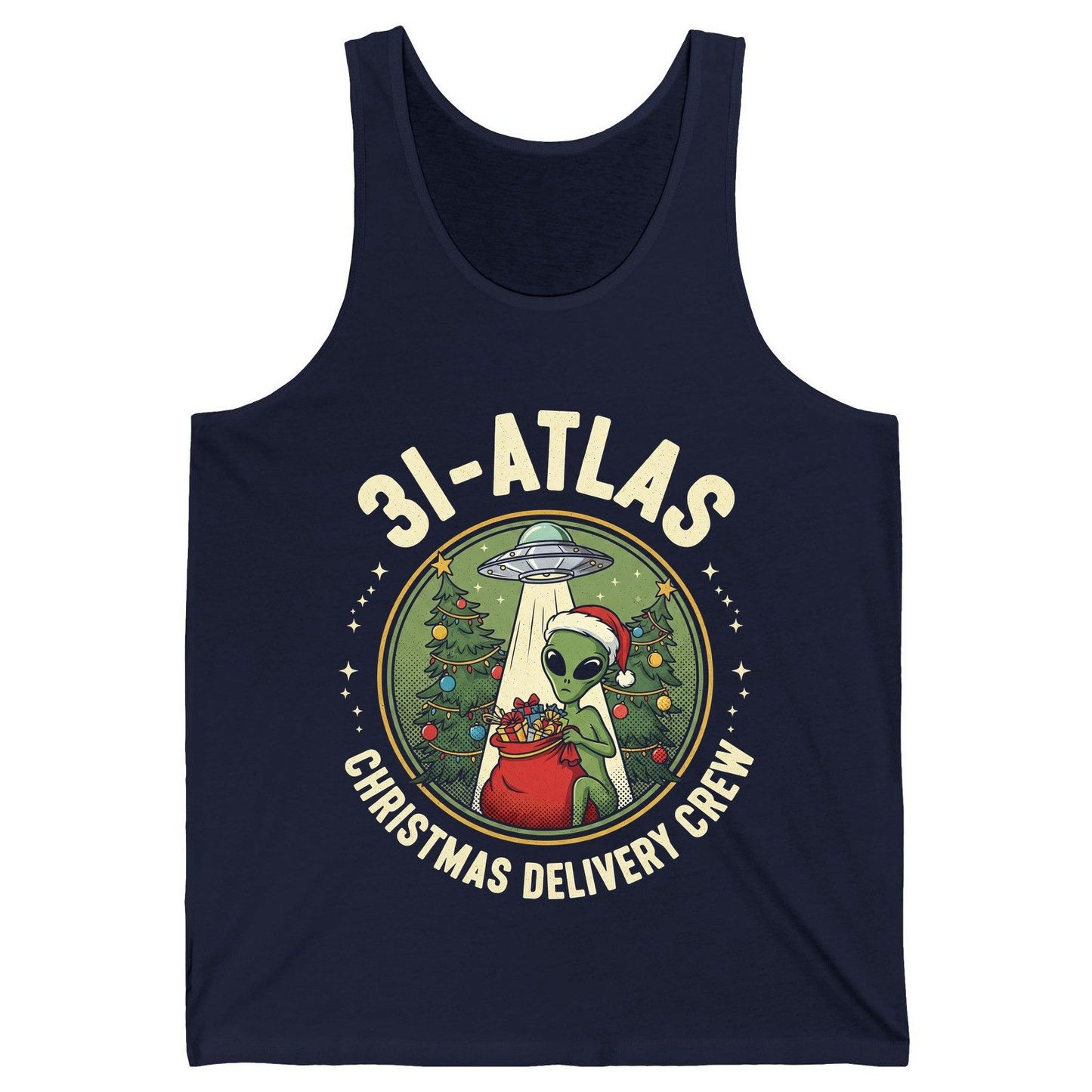 31-Atlas Christmas Delivery Crew alien Christmas Tank Top Navy product mockup