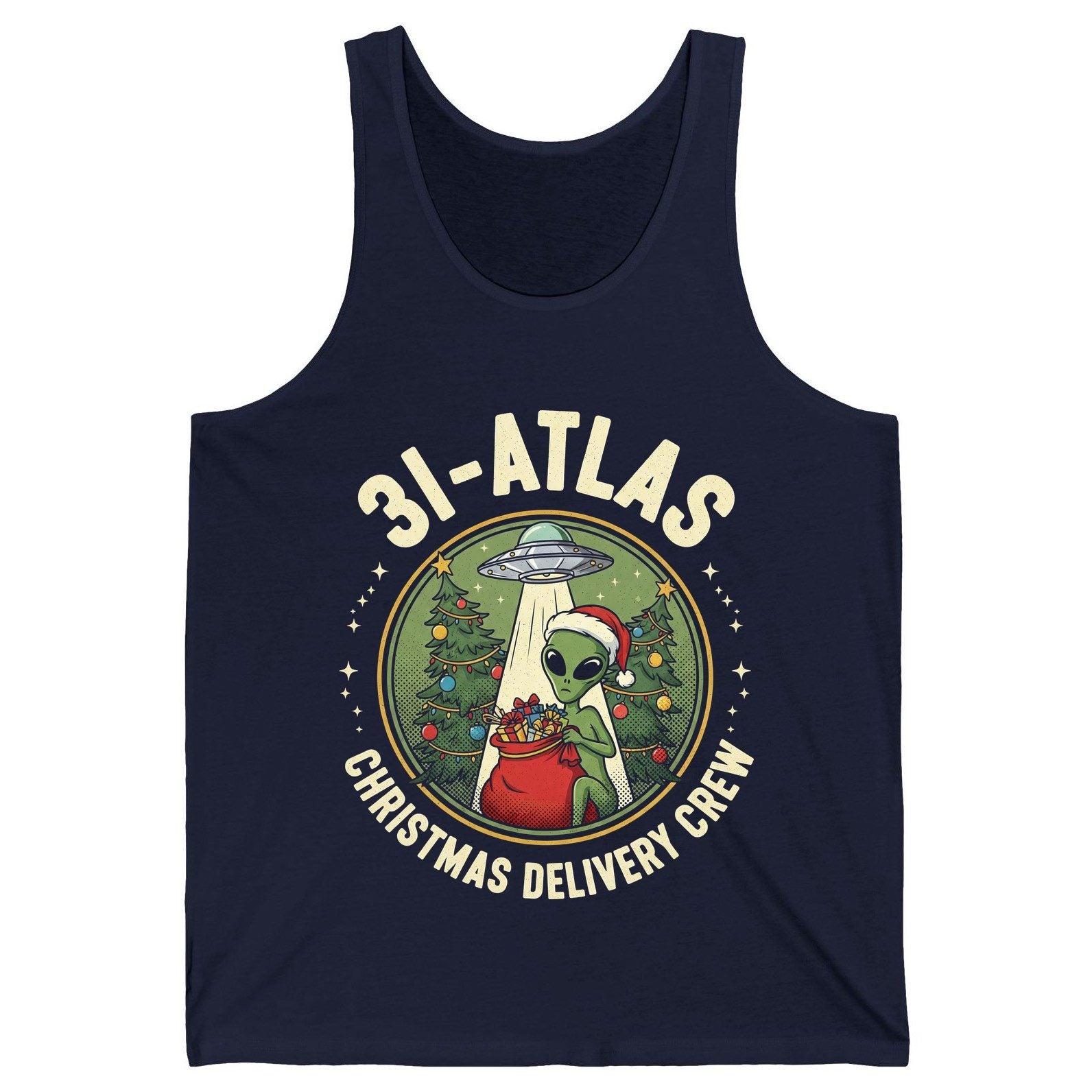31-Atlas Christmas Delivery Crew alien Christmas Tank Top Navy product mockup