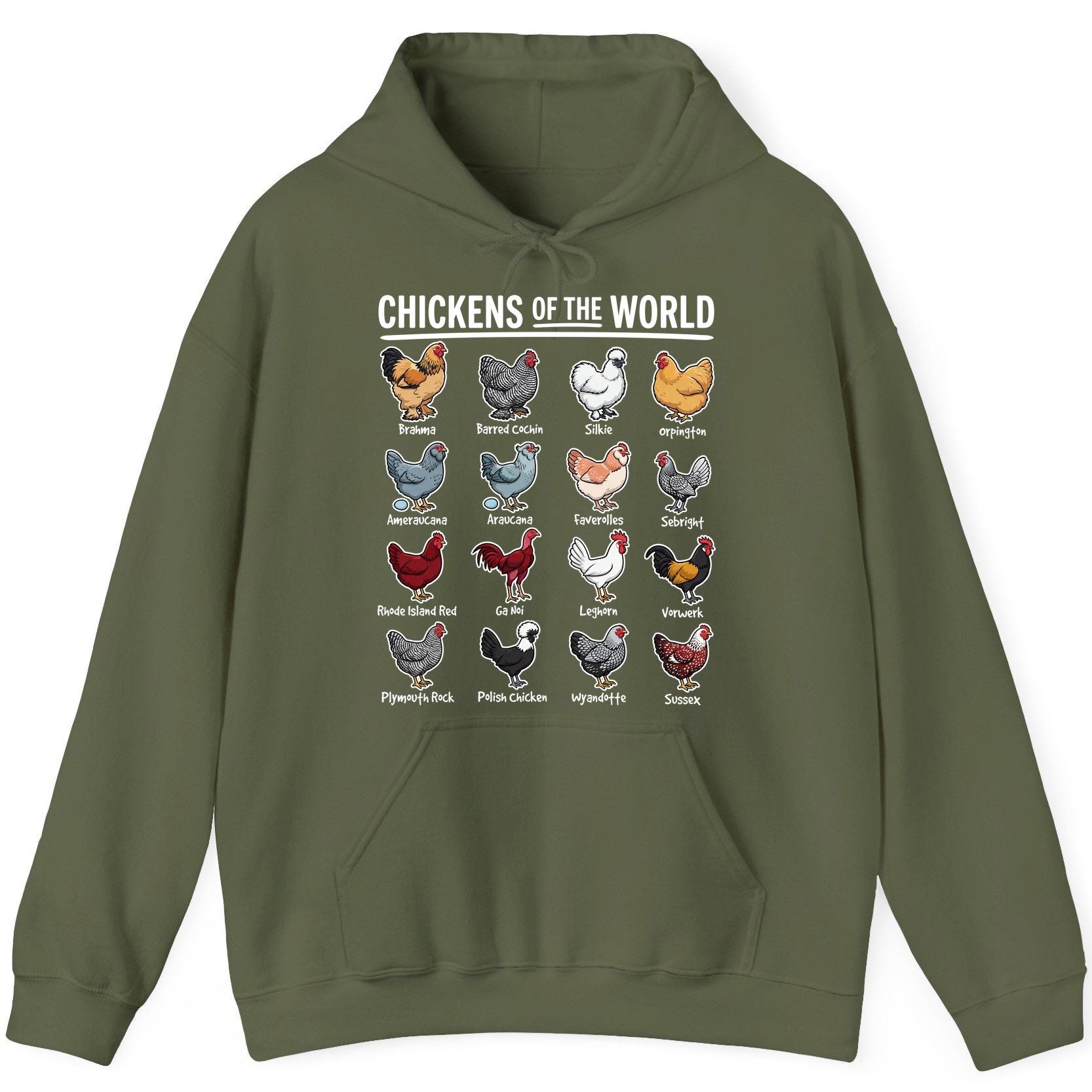 Chickens of the World chicken breeds Hoodie Military Green product mockup
