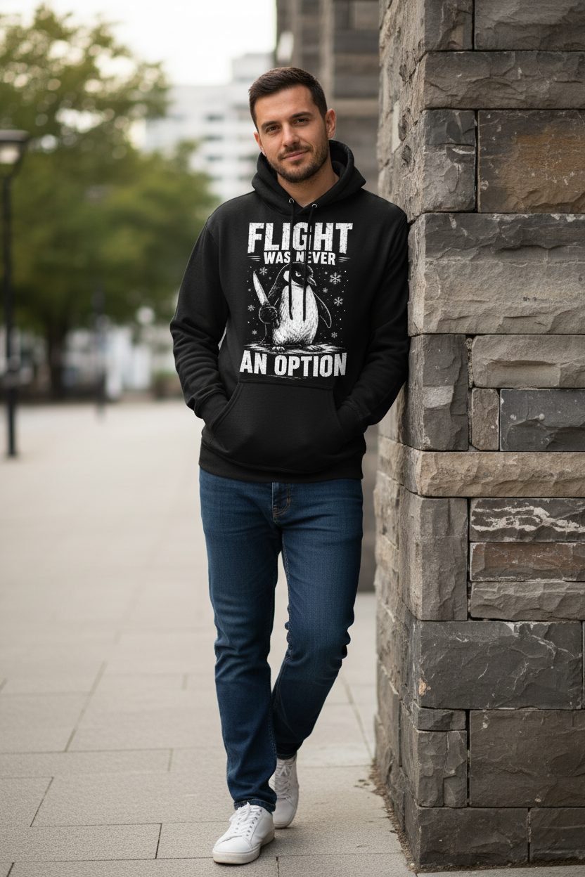 Flight Was Never an Option Funny Penguin Hoodie - lifestyle model mockup - Black