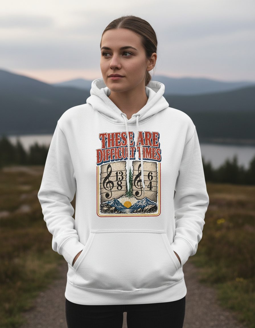 THESE ARE Difficult TIMES Funny Music Pun Hoodie - lifestyle model mockup - White