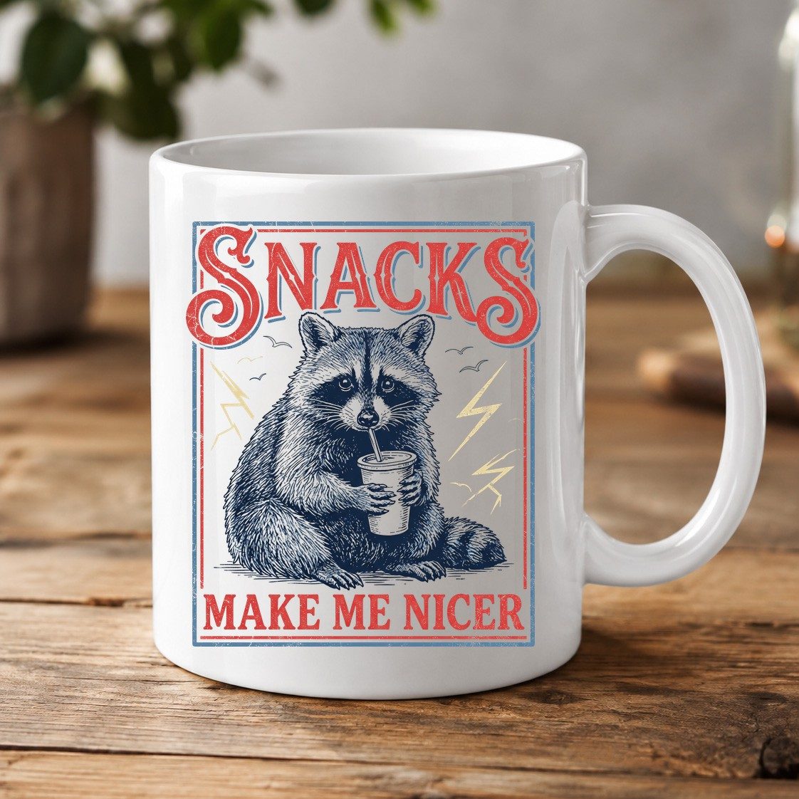 SNACKS MAKE ME NICER Funny Raccoon White Mug - product mockup - White