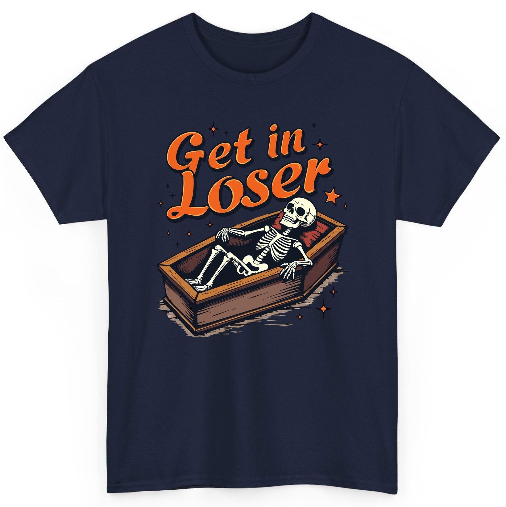 Get in Loser skeleton in coffin T-Shirt Navy product mockup