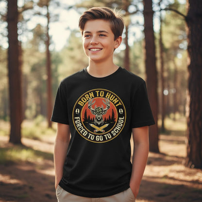 Born to Hunt Forced to Go to School hunting Youth T-Shirt Black lifestyle mockup