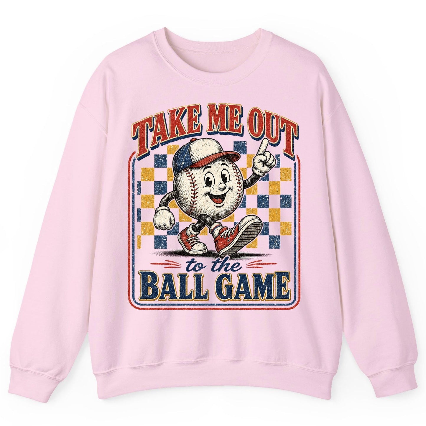 Take Me Out to the Ball Game Retro Baseball Sweatshirt - product mockup - Light Pink
