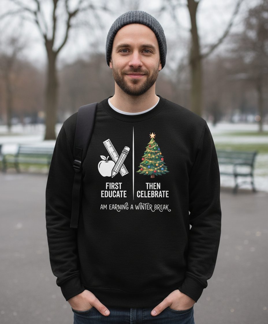 First Educate Then Celebrate I Am Earning a Winter Break teacher humor Sweatshirt Black lifestyle mockup