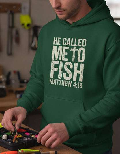 He Called Me to Fish Matthew 4 19 Christian Fishing Hoodie - product mockup - Forest Green
