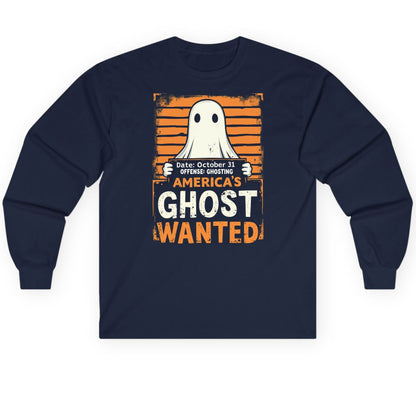 Date October 31 Offense Ghosting America's Ghost Wanted ghost Long Sleeve Tee Navy product mockup