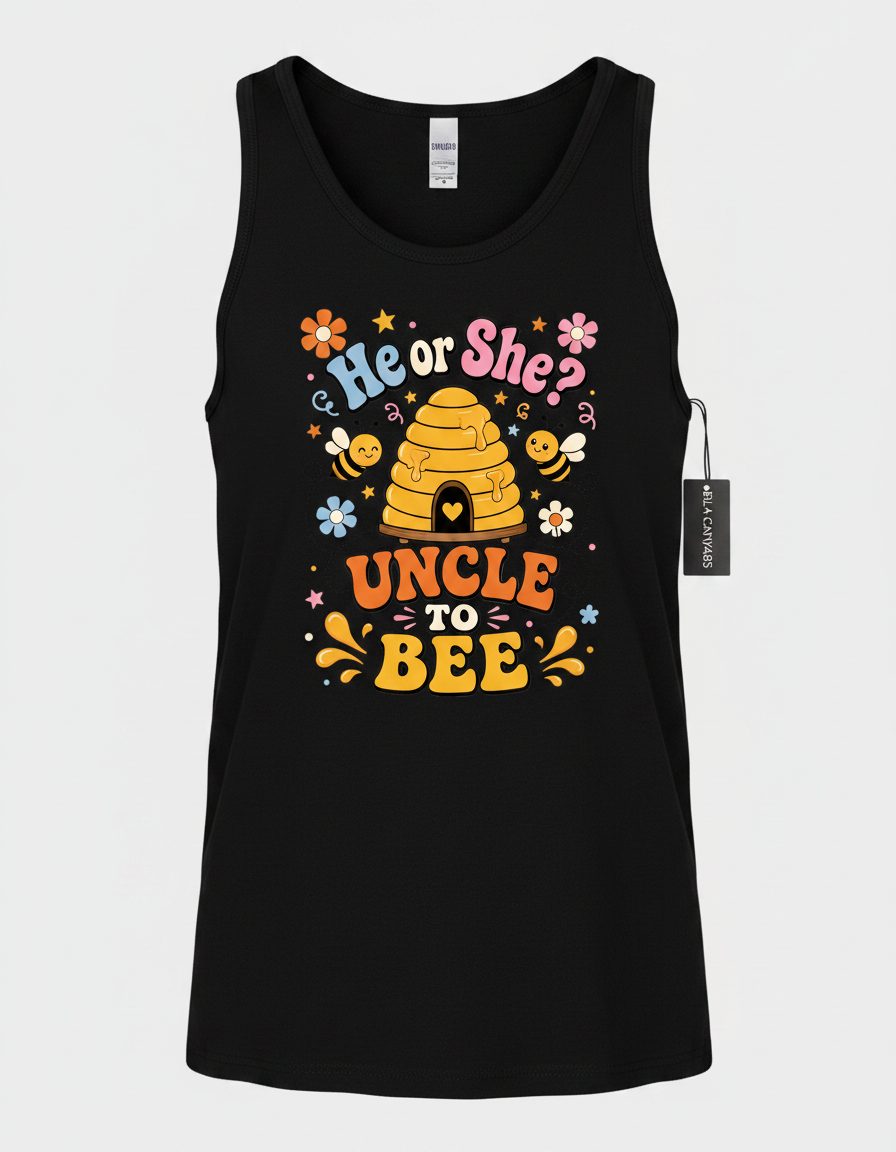 He or She Uncle to Bee Retro Gender Reveal Tank Top - product mockup - Black