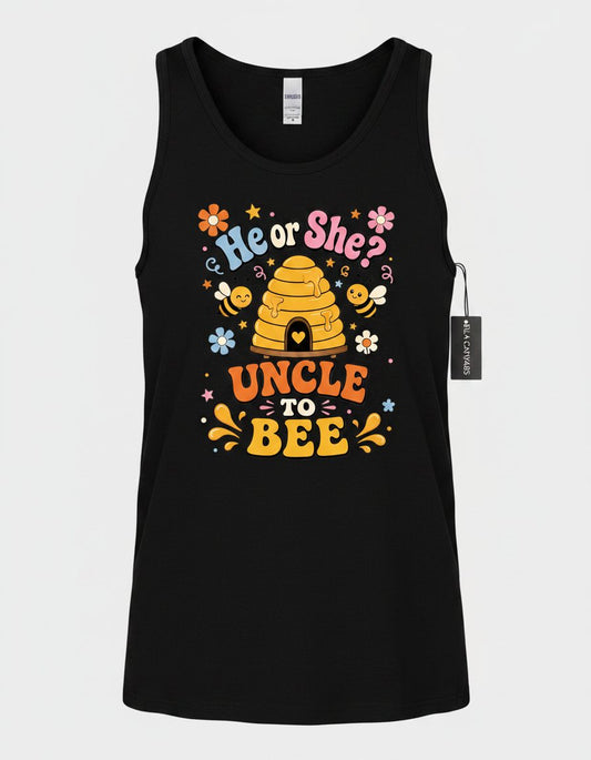 He or She Uncle to Bee Retro Gender Reveal Tank Top - product mockup - Black