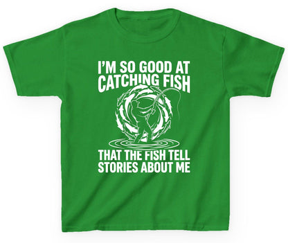 I'm So Good at Catching Fish That the Fish Tell Stories About Me fishing Youth T-Shirt Irish Green product mockup