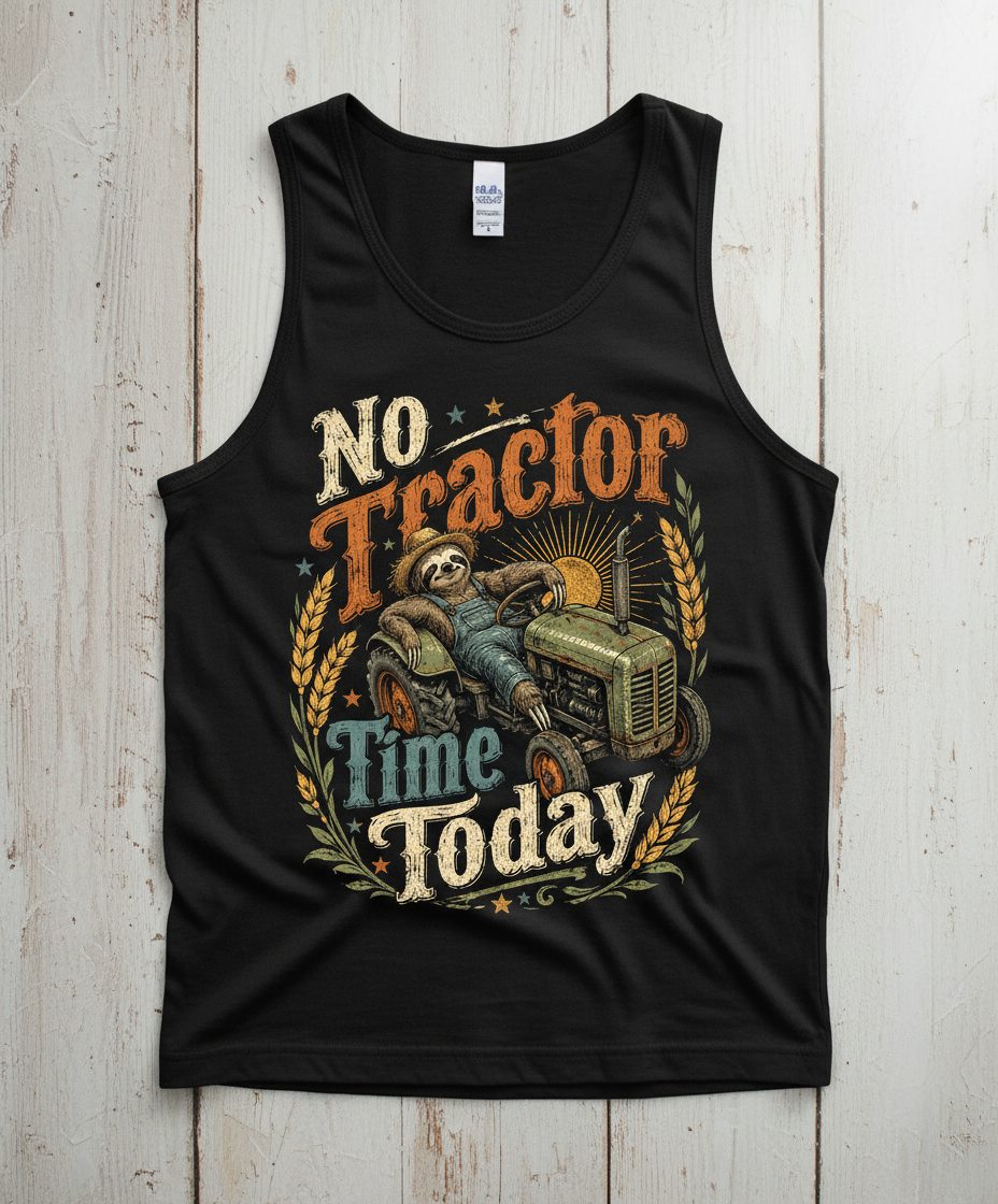 No Tractor Time Today Funny Sloth Tank Top - product mockup - Black