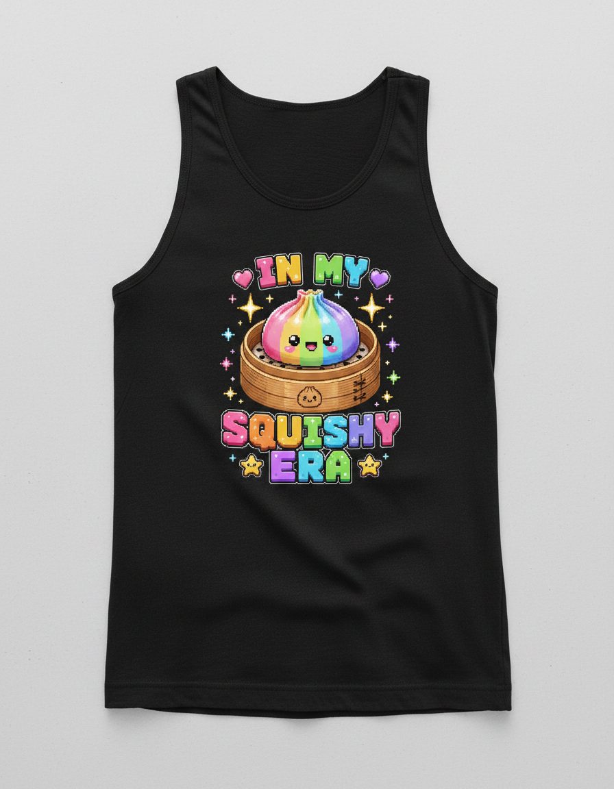 In My Squishy Era Retro Kawaii Dumpling Tank Top - product mockup - Black