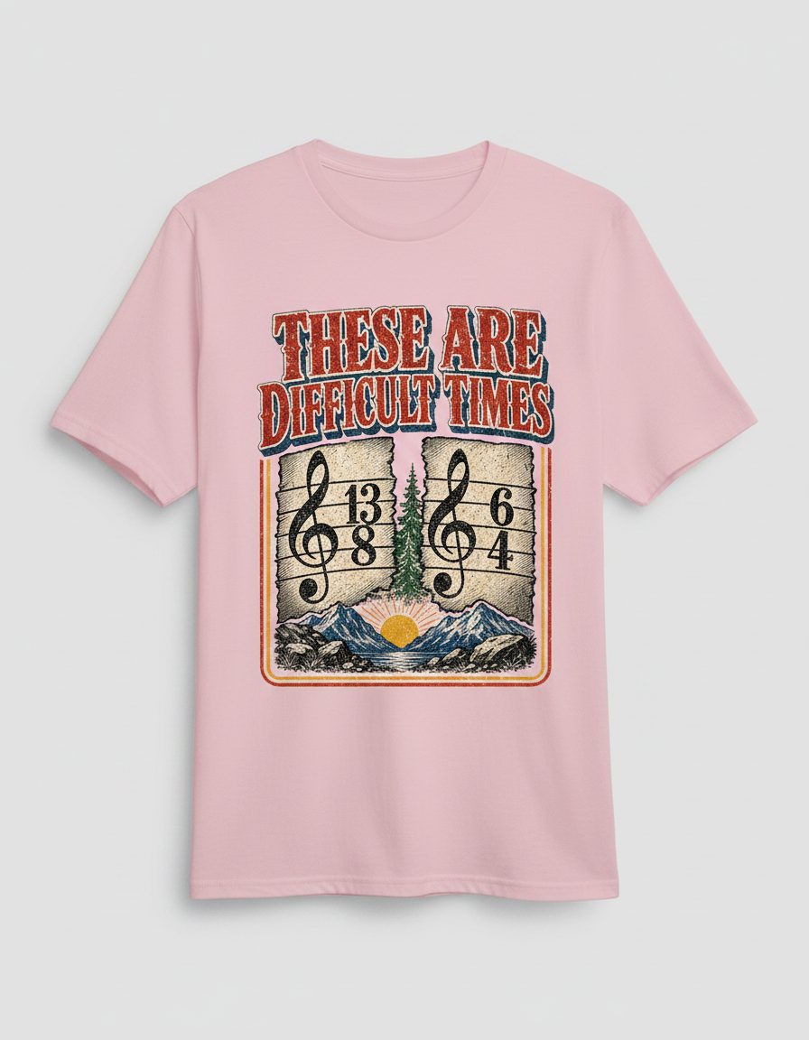 THESE ARE Difficult TIMES Funny Music Pun T-Shirt - product mockup - Light Pink