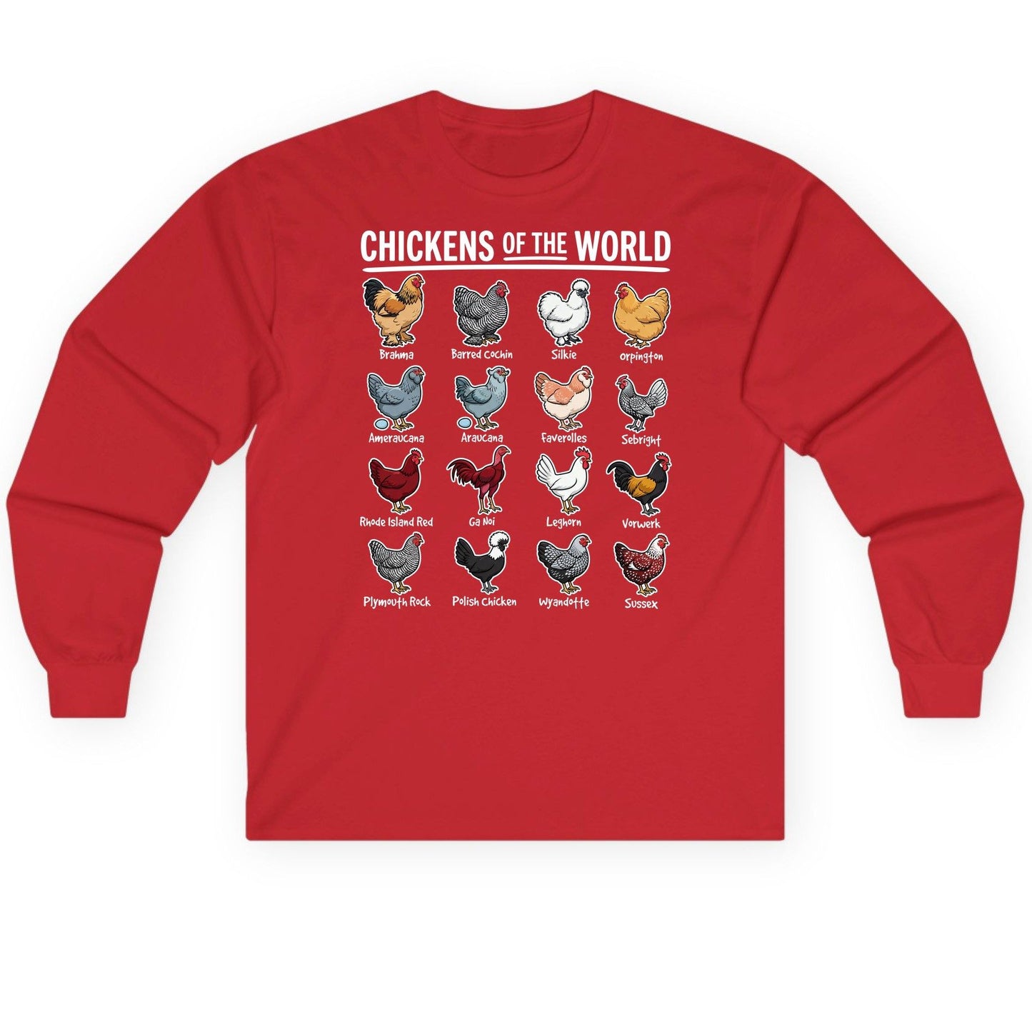 Chickens of the World chicken breeds Long Sleeve Tee Red product mockup