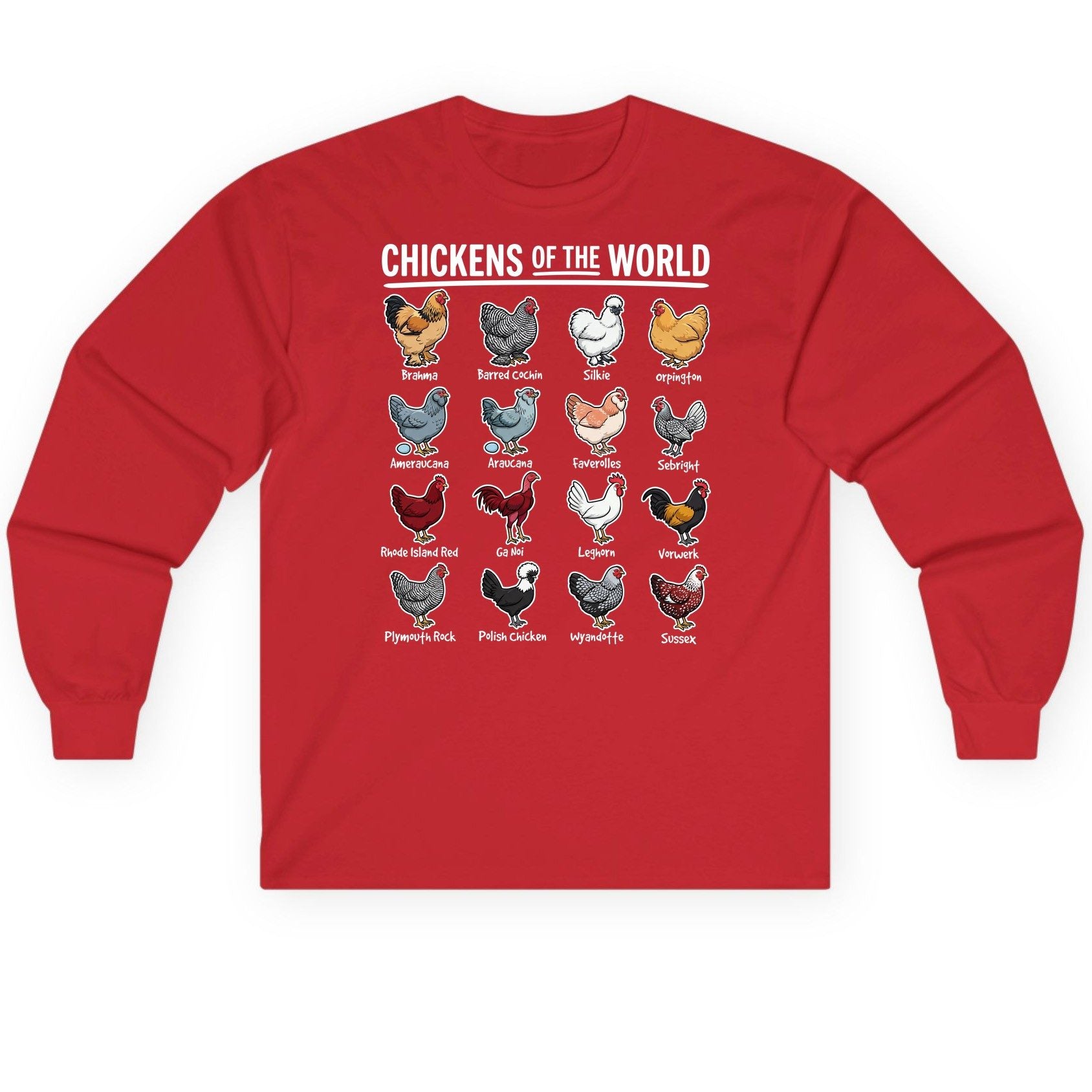 Chickens of the World chicken breeds Long Sleeve Tee Red product mockup