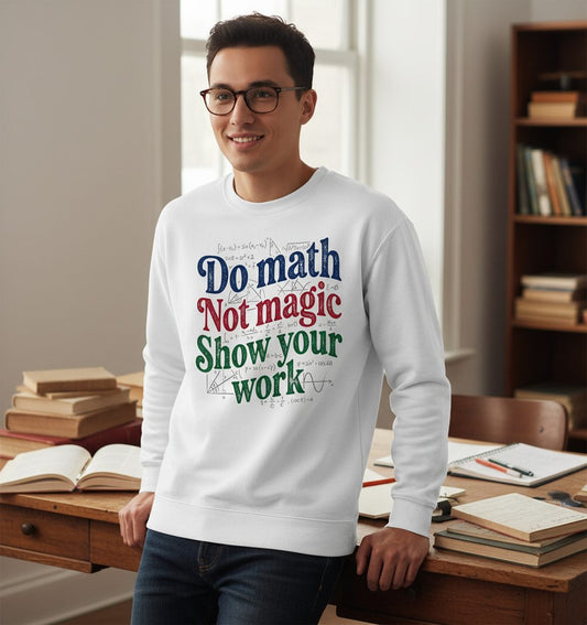 Do Math Not Magic Show Your Work Funny Teachers Sweatshirt - lifestyle model mockup - White