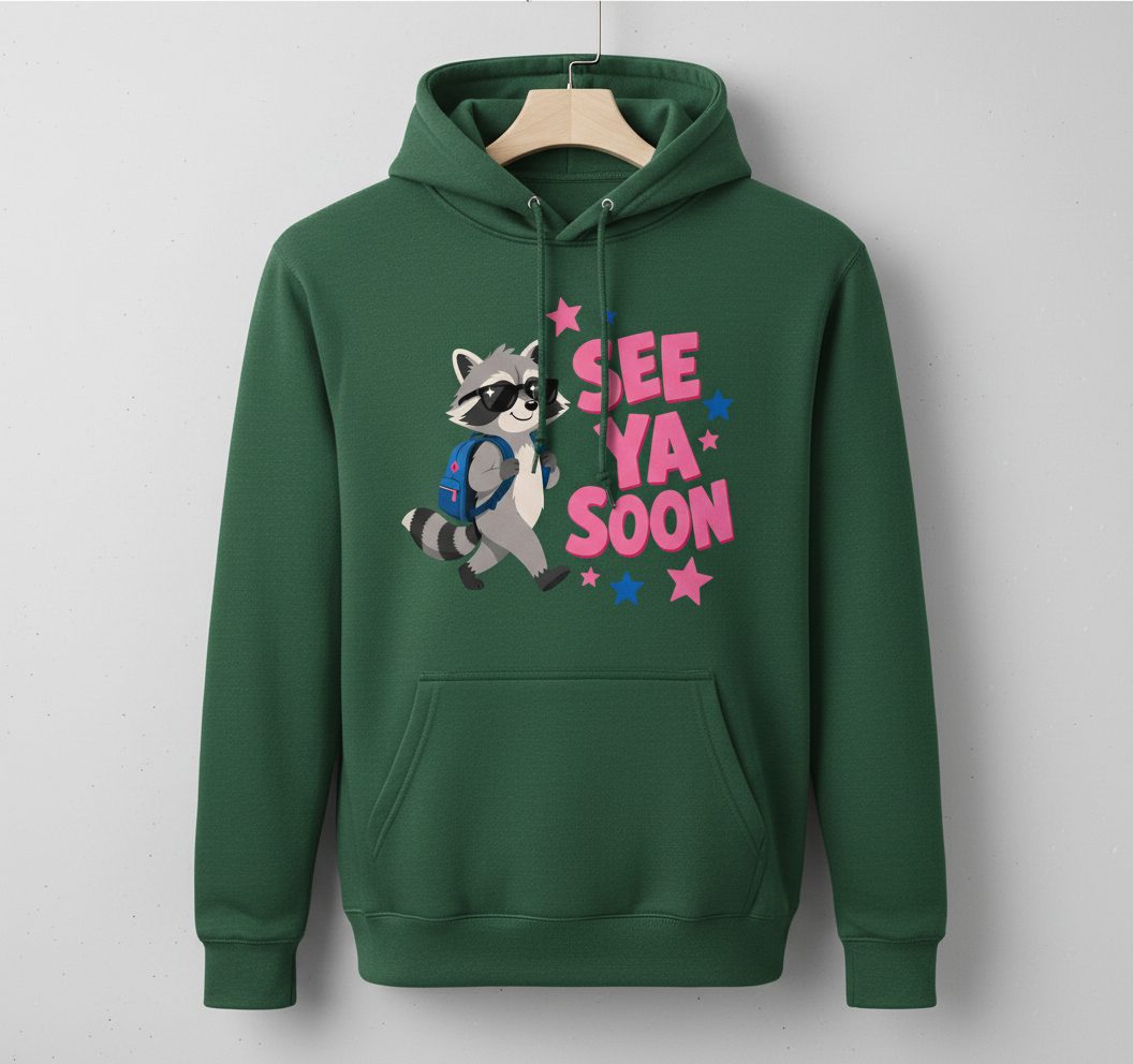 See Ya Soon Raccoon Hoodie - product mockup - Forest Green