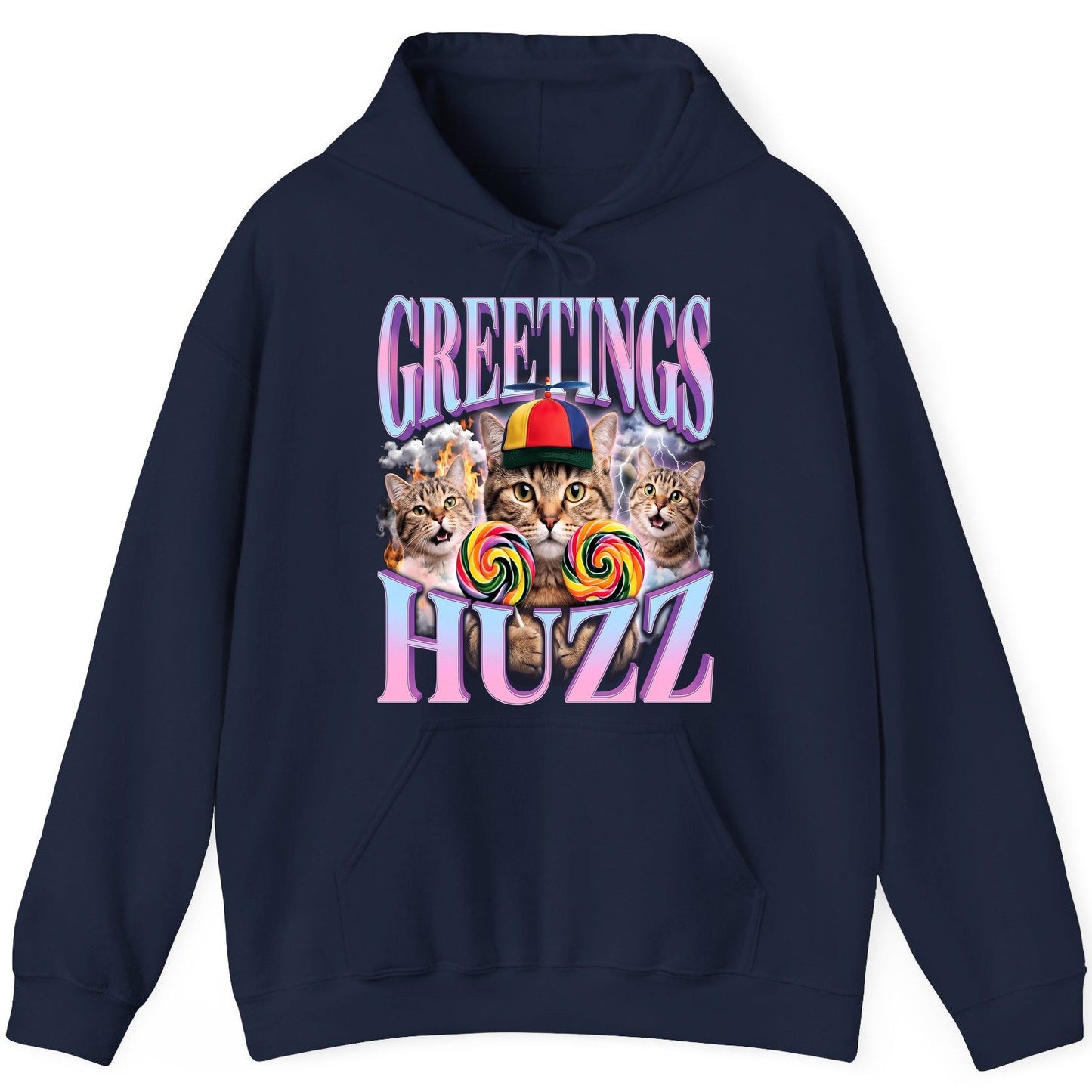 Greetings Huzz Funny Cats Hoodie - product mockup - Navy