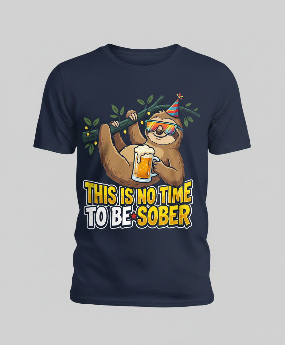 Funny Party Sloth Drinking Beer This Is No Time To Be Sober T-Shirt - Navy
