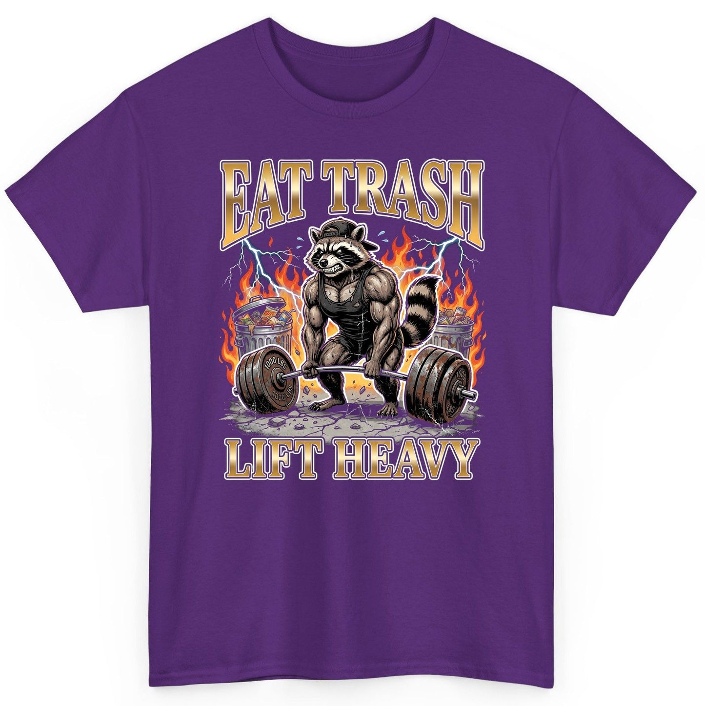 Eat Trash Lift Heavy weightlifting raccoon T-Shirt Purple product mockup