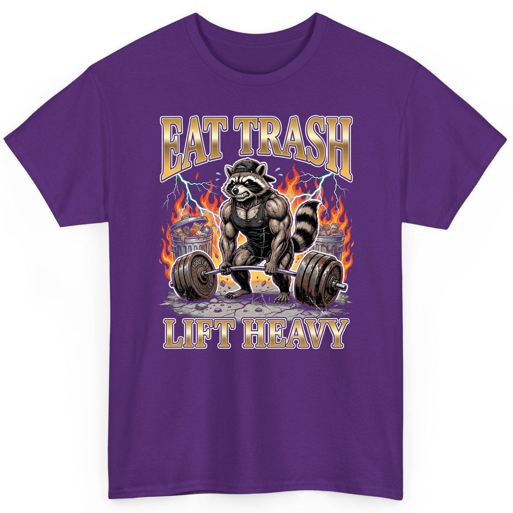 Eat Trash Lift Heavy weightlifting raccoon T-Shirt Purple product mockup