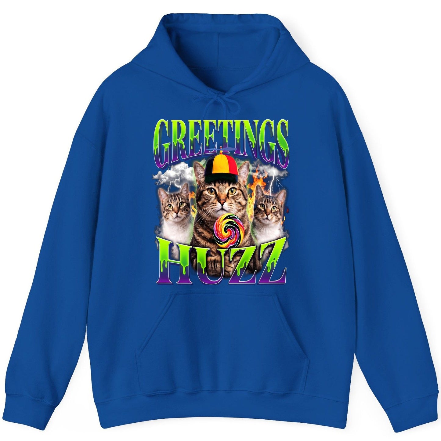 Greetings HUZZ Funny Cat Hoodie - product mockup - Royal