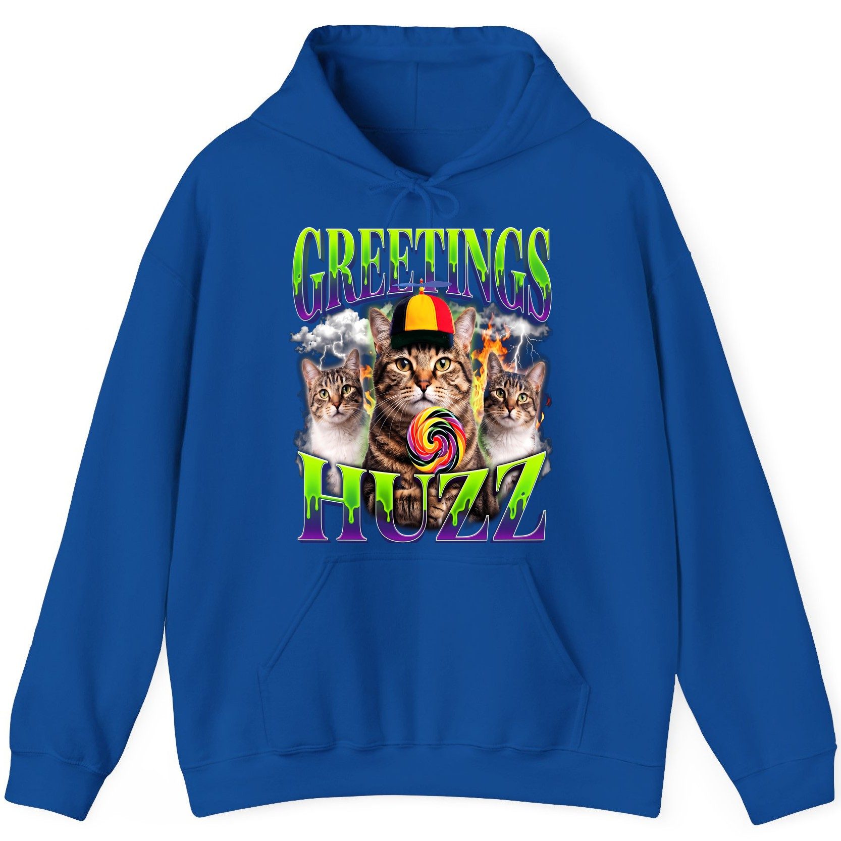 Greetings HUZZ Funny Cat Hoodie - product mockup - Royal