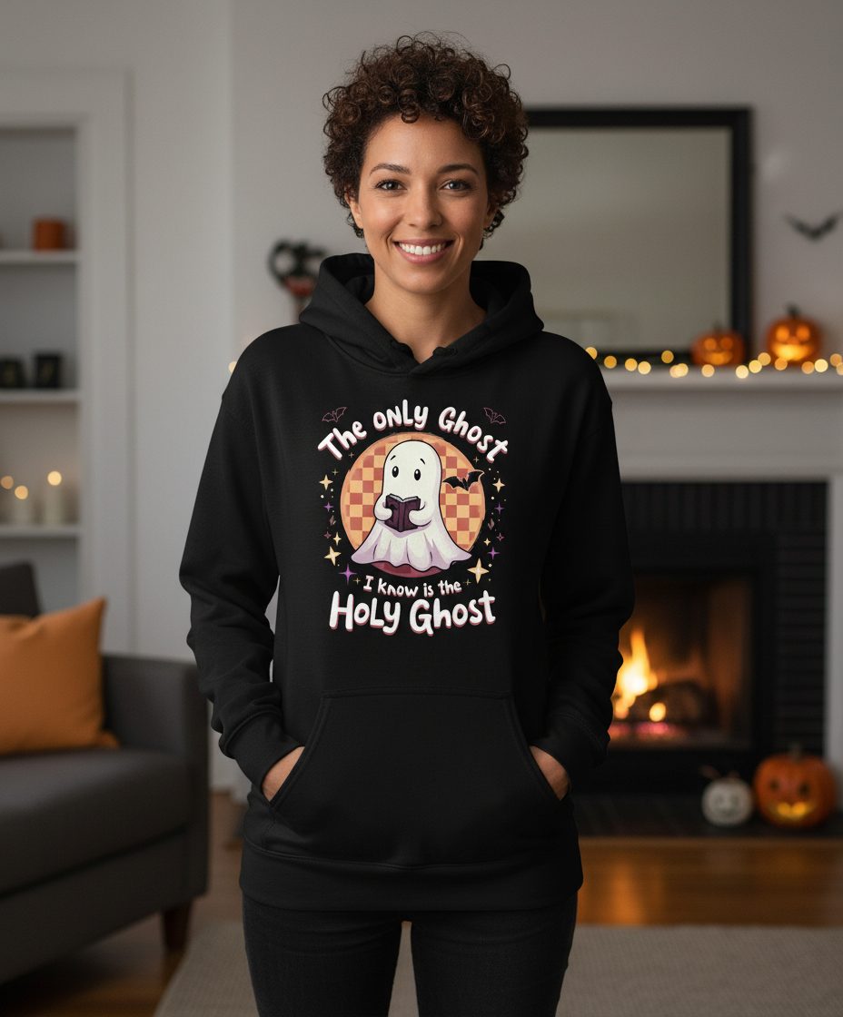 The Only Ghost I Know Is the Holy Ghost christian Halloween Hoodie Black lifestyle mockup