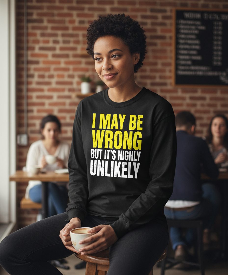 I MAY BE WRONG BUT IT'S HIGHLY Unlikely Long Sleeve Tee - lifestyle model mockup - Black