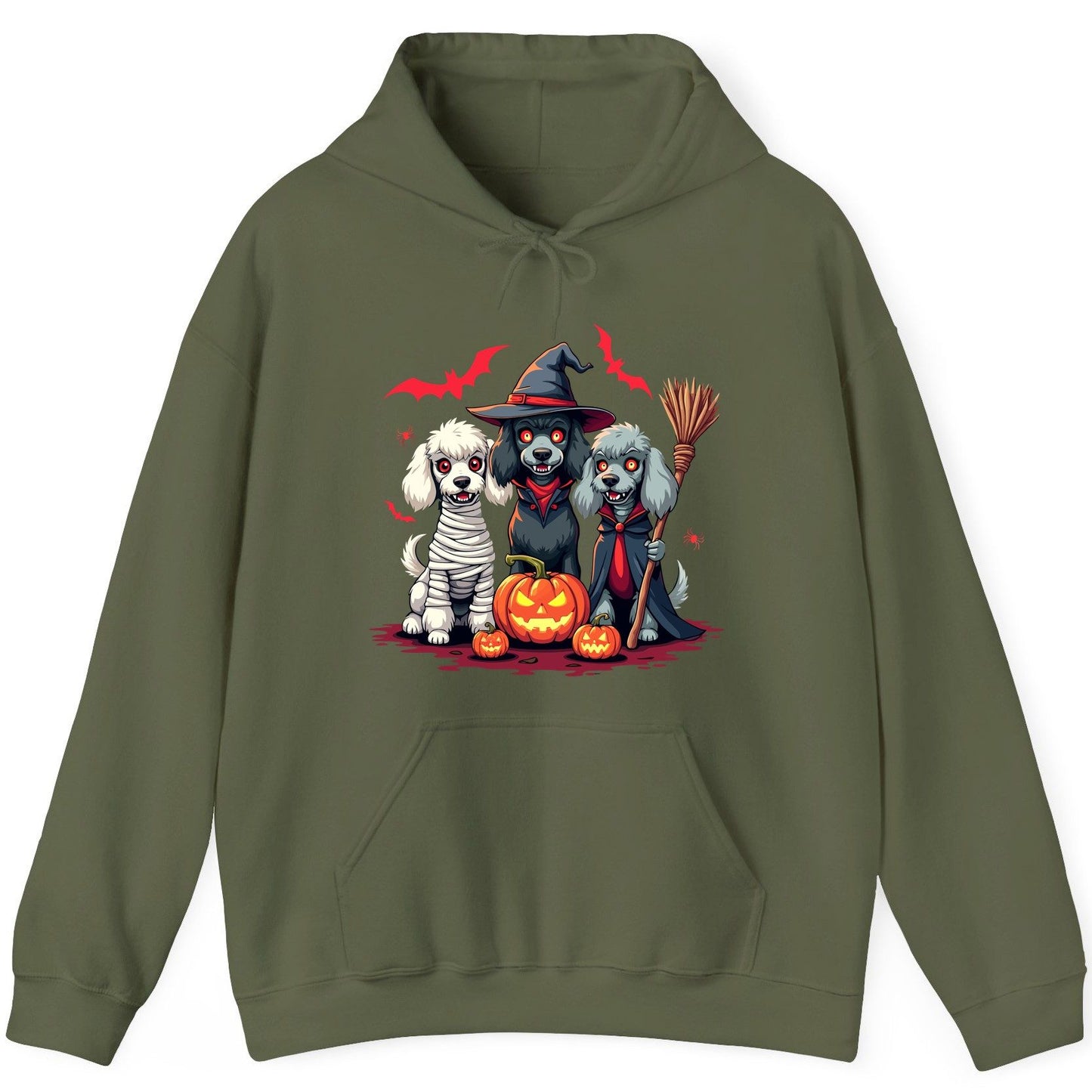 Spooky Poodle Trio Halloween dogs Hoodie Military Green product mockup