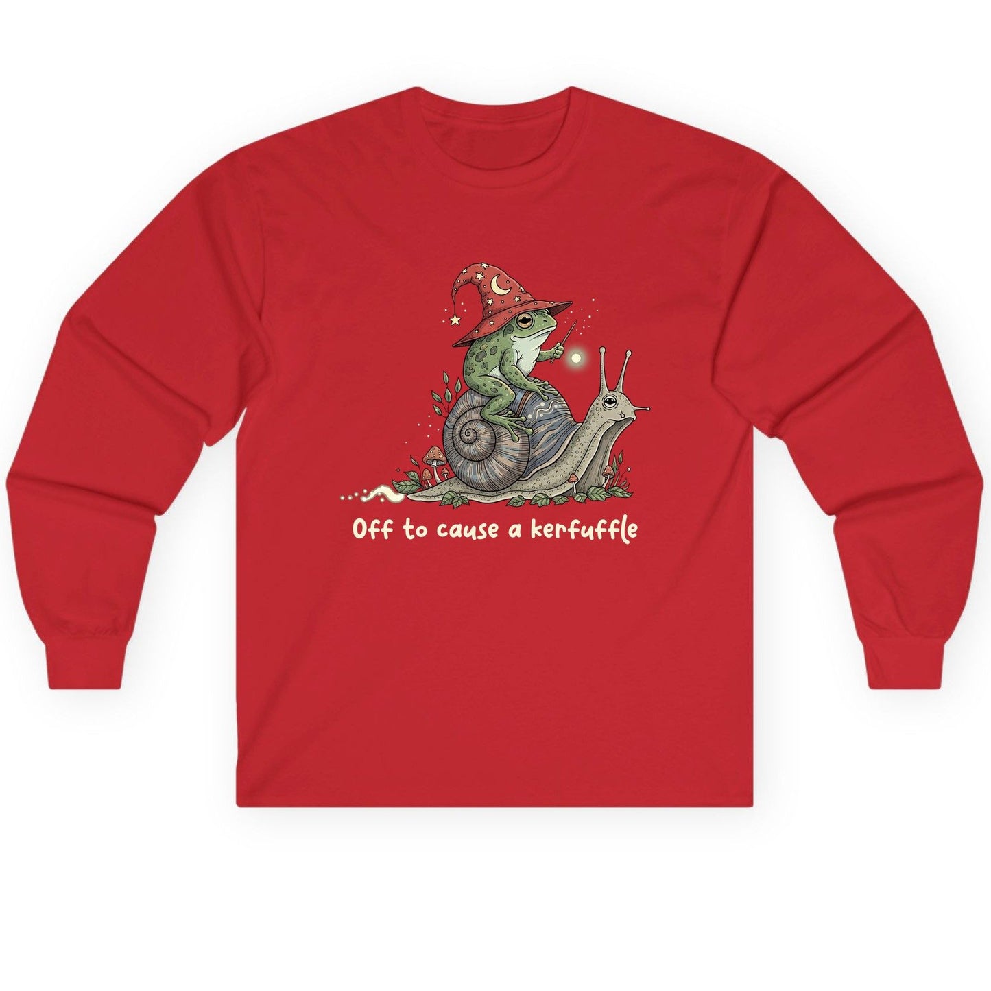 Off to Cause a Kerfuffle wizard frog Long Sleeve Tee Red product mockup