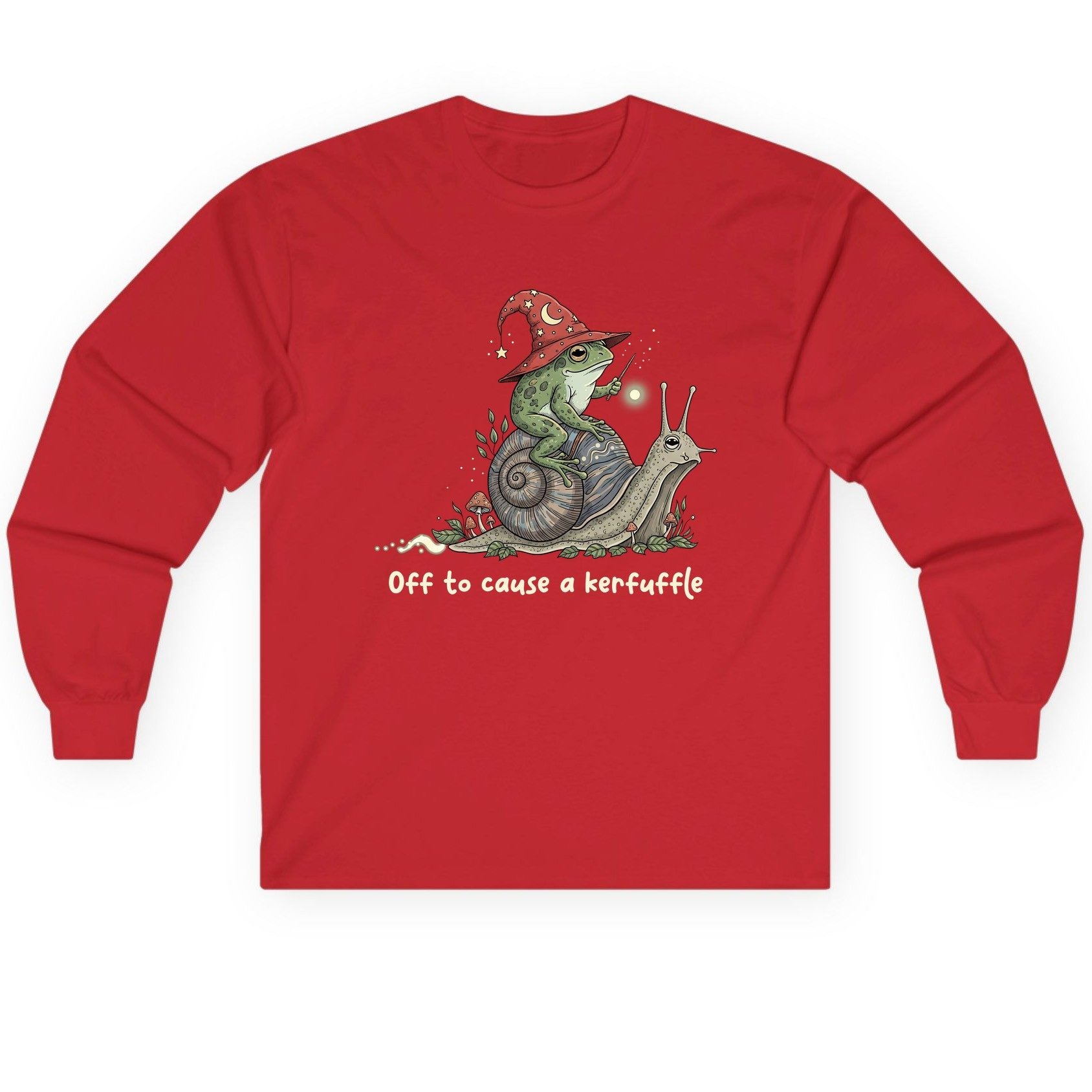 Off to Cause a Kerfuffle wizard frog Long Sleeve Tee Red product mockup