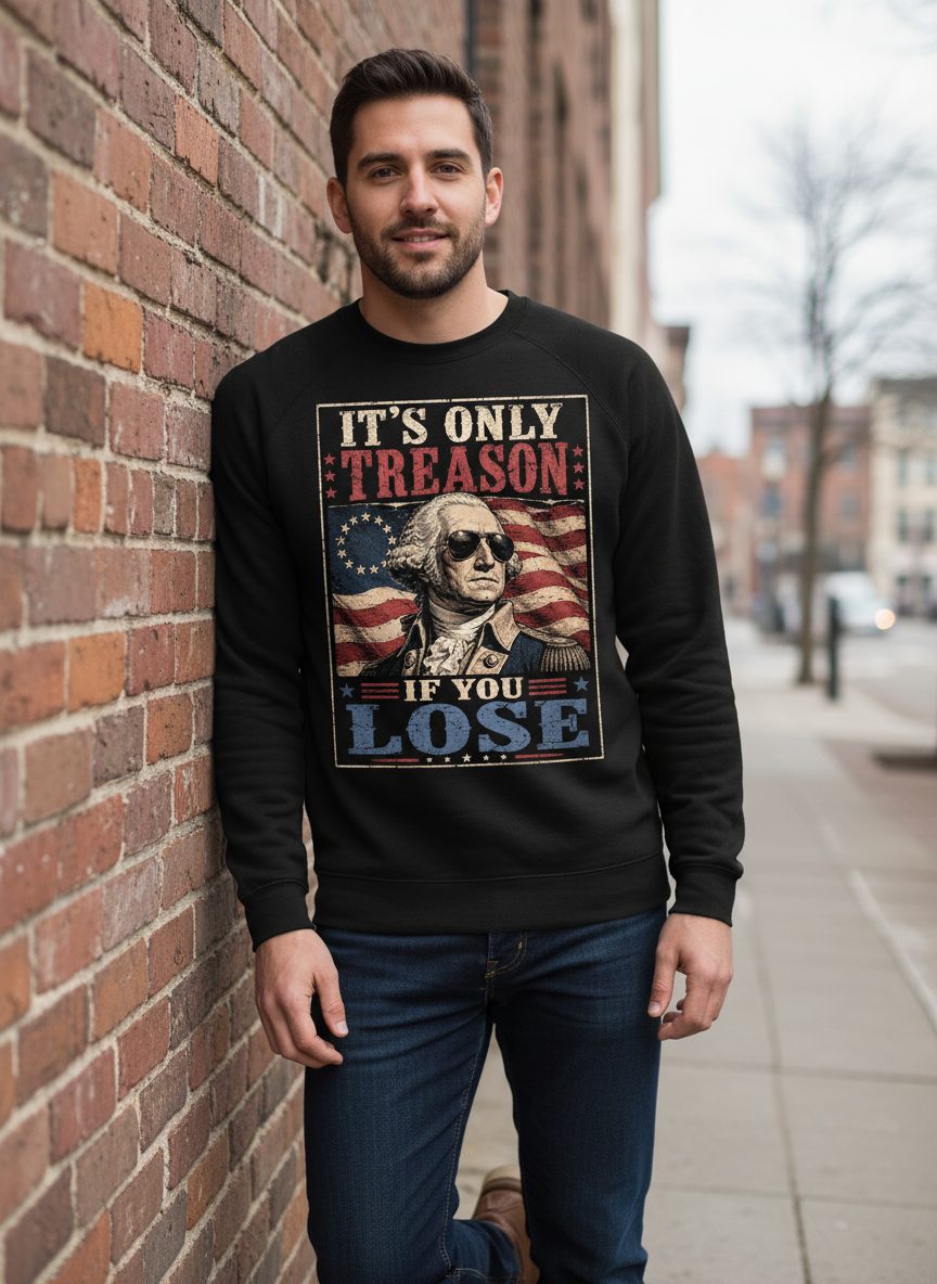 It's Only Treason If You Lose Funny Patriotic Sweatshirt - lifestyle model mockup - Black