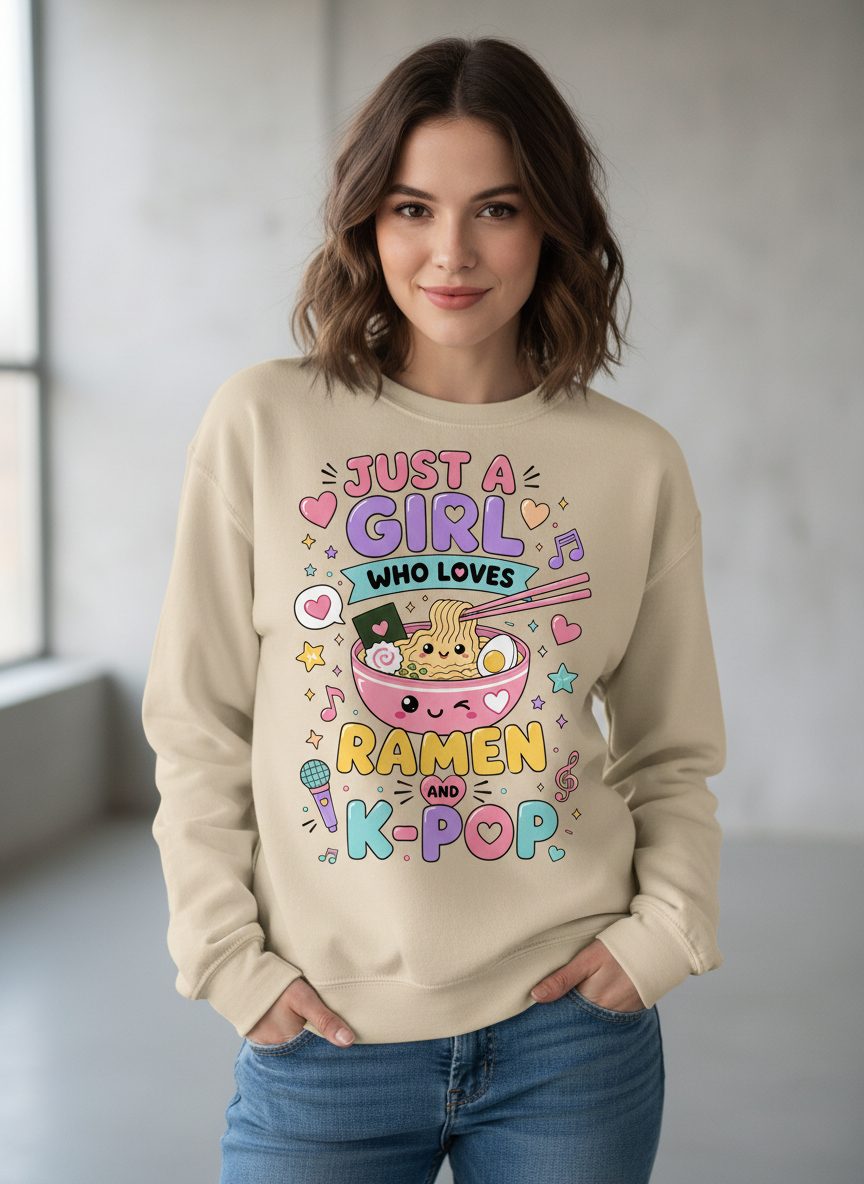 Just a Girl Who Loves Ramen and K-Pop Fans Sweatshirt - product mockup - Sand