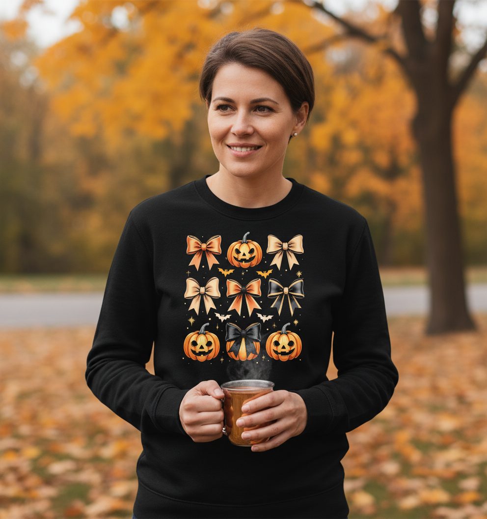 Cute Halloween Pumpkins and Bows Halloween Sweatshirt Black lifestyle mockup