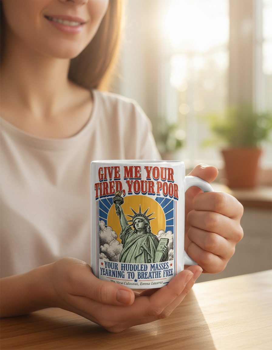 Give Me Your Tired Poor Patriotic Retro Statue Liberty White Mug - lifestyle model mockup - White