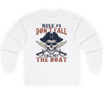Rule 1 Don't Fall Off the Boat pirate Long Sleeve Tee White product mockup