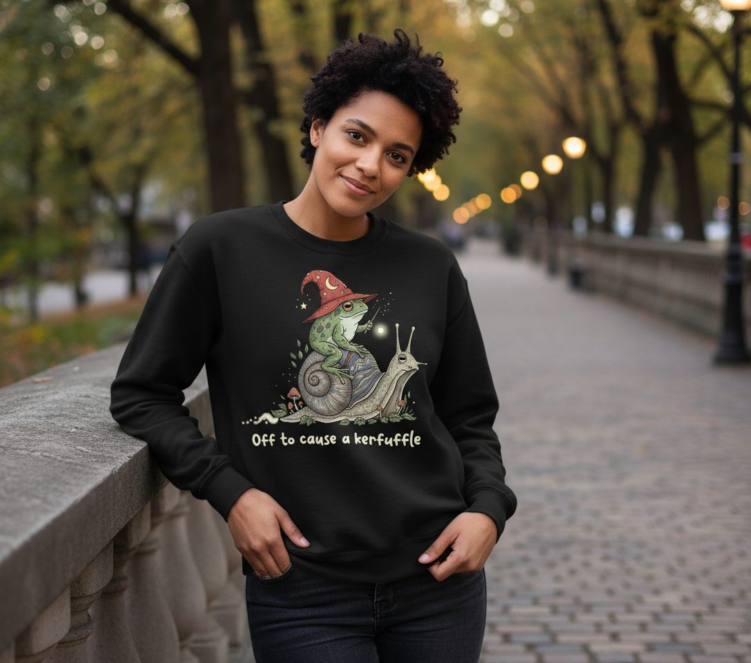 Off to Cause a Kerfuffle wizard frog Sweatshirt Black lifestyle mockup