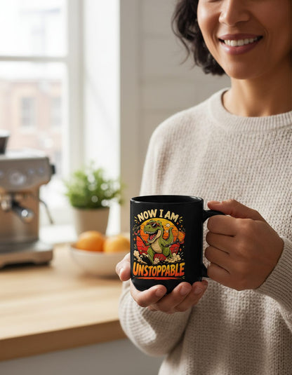Now I Am Unstoppable Funny T-Rex Dinosaur Black Mug - lifestyle model mockup - Black