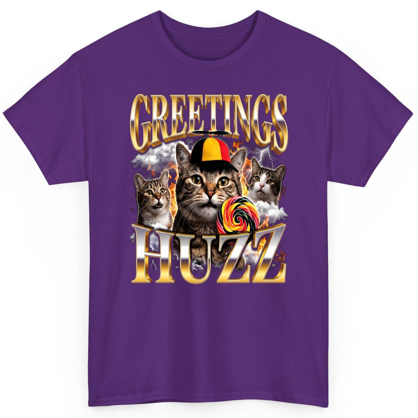 Greetings HUZZ Funny Cats T-Shirt - product mockup - Purple