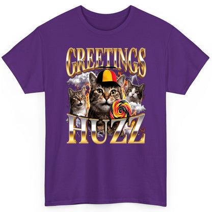 Greetings HUZZ Funny Cats T-Shirt - product mockup - Purple
